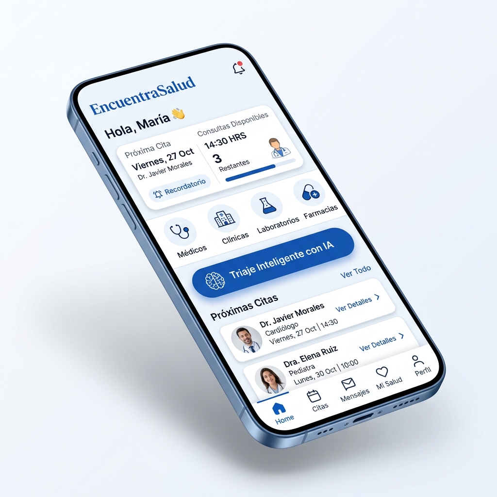 Dashboard de EncuentraSalud mostrando el panel del paciente con citas, directorio médico y triaje inteligente